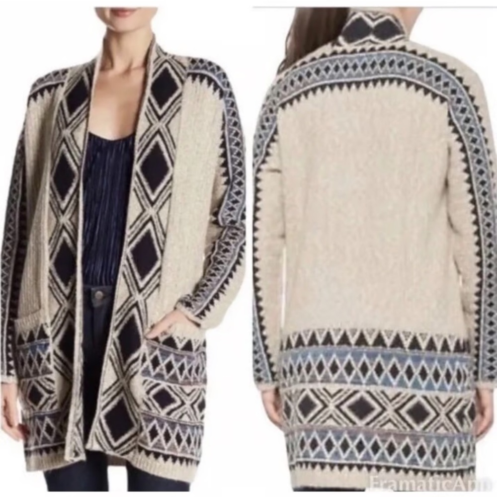 Lucky Brand cream/beige, black, blue wrap long Cardigan, XS